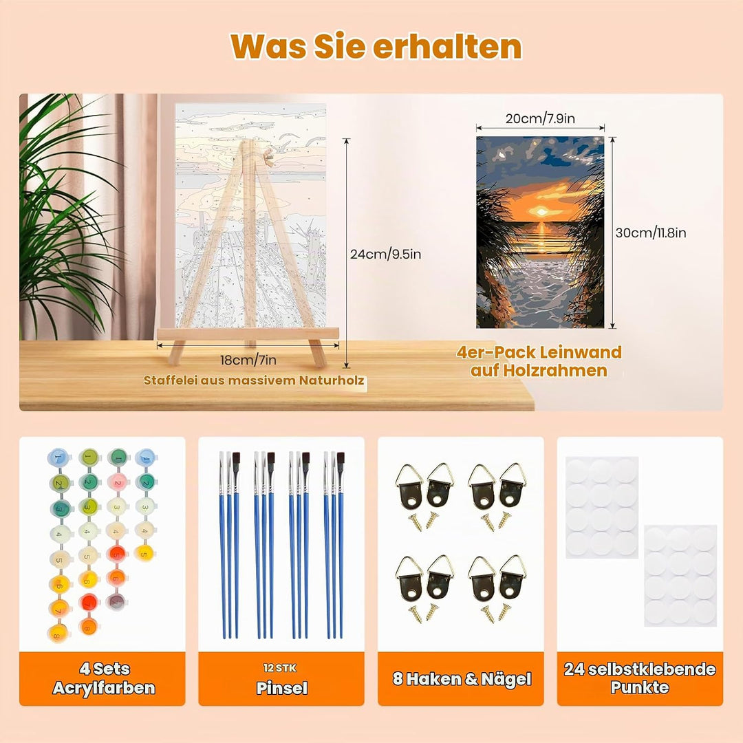 GHHKUD Malen Nach Zahlen Erwachsene, 4 Stück Malen Nach Zahlen Sonnenuntergang Strand DIY Handgemalt