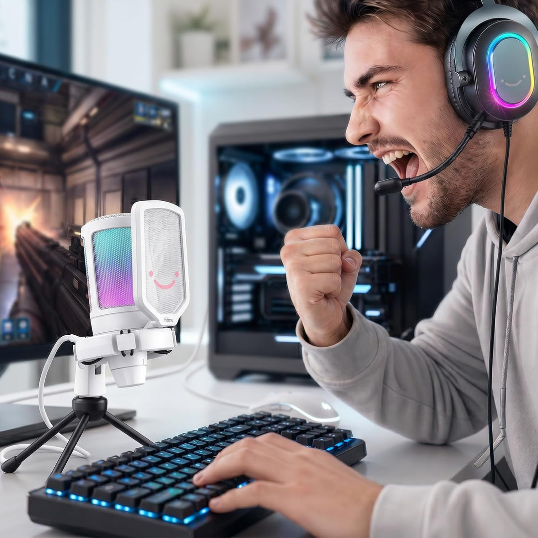 FIFINE Gaming Mikrofon PC, Typ A/C USB Microphone für PS4 PS5 Mac, mit Mikrofon Ständer, Stummschalt