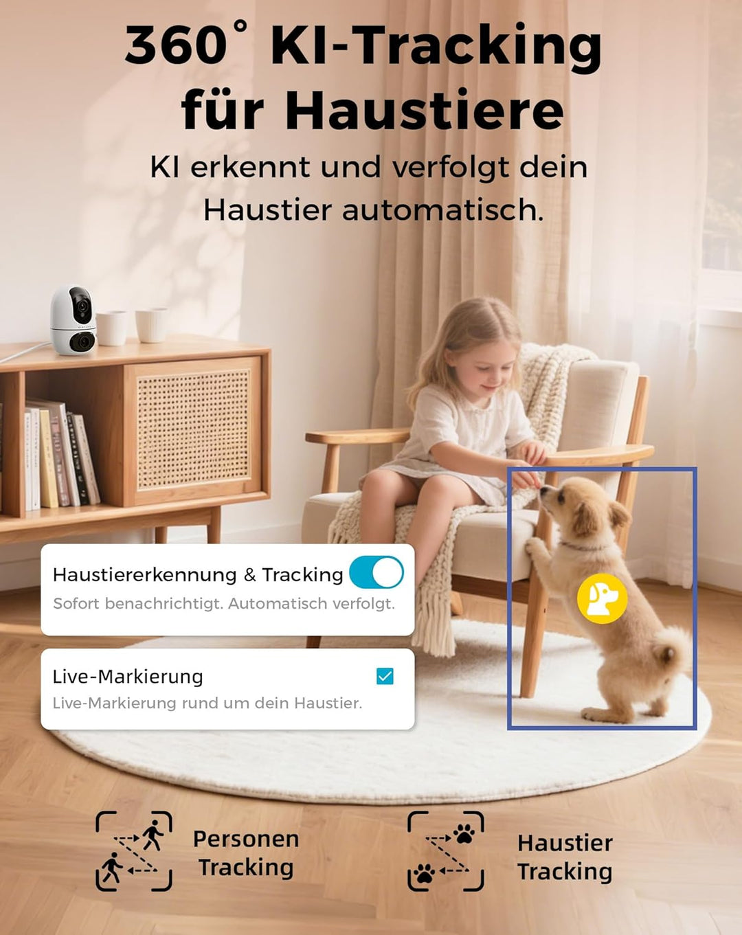 VIRTAVO WLAN Dual Kamera Überwachung Innen, 2 Ansichten Gleichzeitig, Ohne ABO, Smart Tracking, Rund