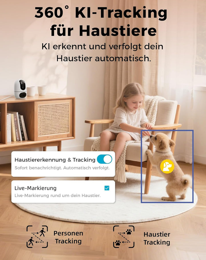 VIRTAVO WLAN Dual Kamera Überwachung Innen, 2 Ansichten Gleichzeitig, Ohne ABO, Smart Tracking, Rund