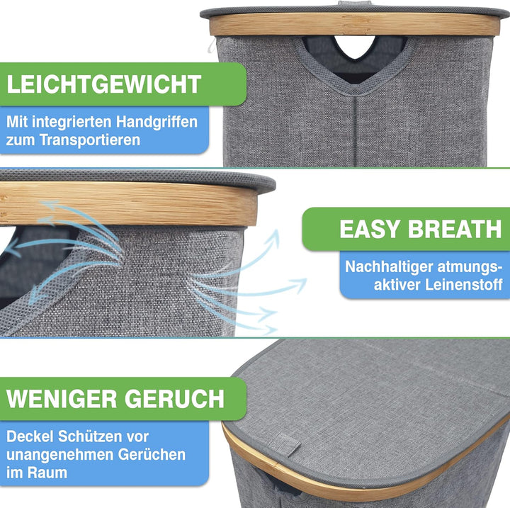 YourCasa® Wäschekorb mit Deckel [120L gross] Wäschesammler mit 2 Fächern - Nachhaltiger Bambus Korb