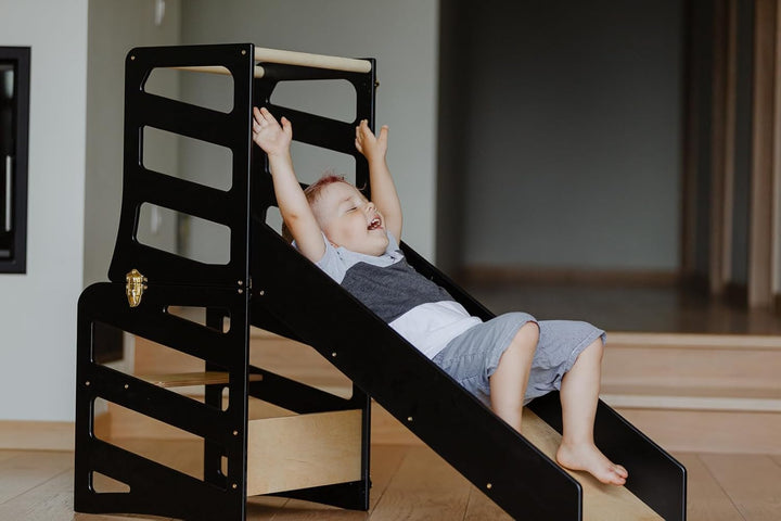 Weco Kinder-Lernturm 3 in 1 Streifendesign mit Rutsche Schreibtisch Rutsche Montessori Möbel Küchenh