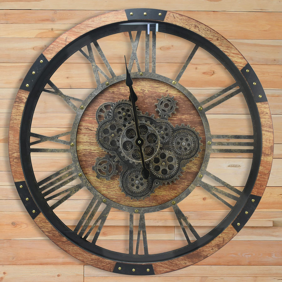 DORBOKER Wanduhr Gross mit Beweglichen Zahnrädern, Wanduhr Modern Ohne Tickgeräusche, Lautlos Holz K