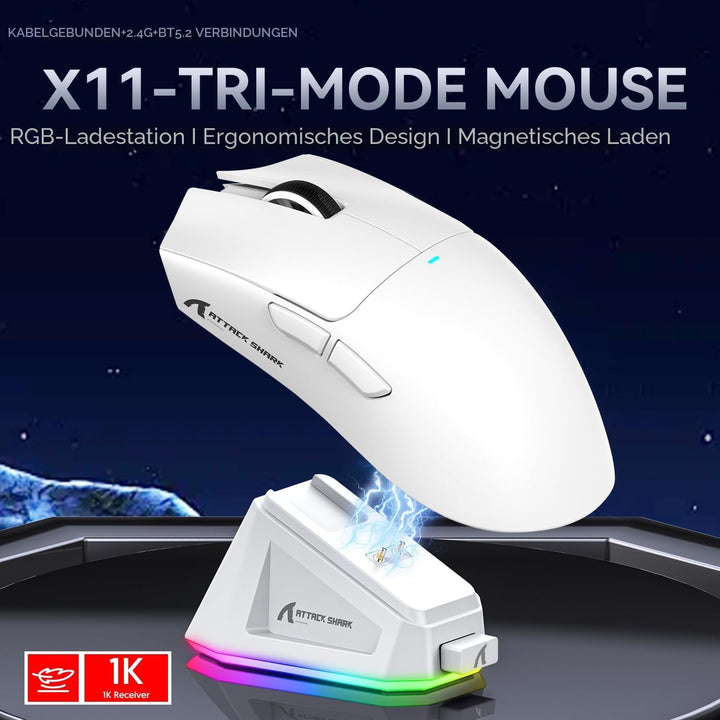 ATTACK SHARK X11 Gaming Mouse mit Magnetic Charging Dock, PixArt PAW3311 Gaming Sensor, BT/2.4G Wire