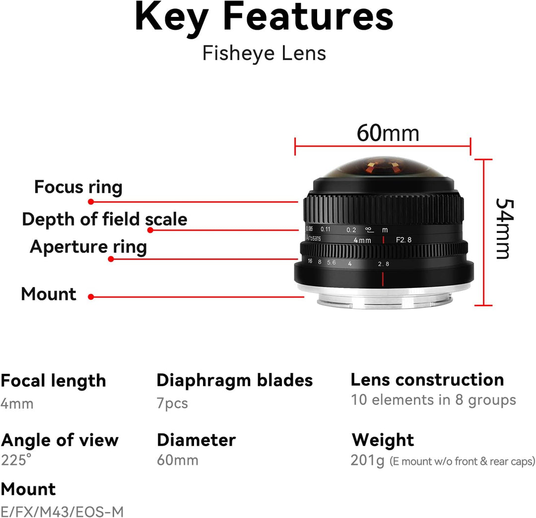 7 Artisans 4mm F2.8 Fisheye Ultra Wide Angle Lens APS-C Handbuch Focus Prime Lens Kompatible M4/3 Mo