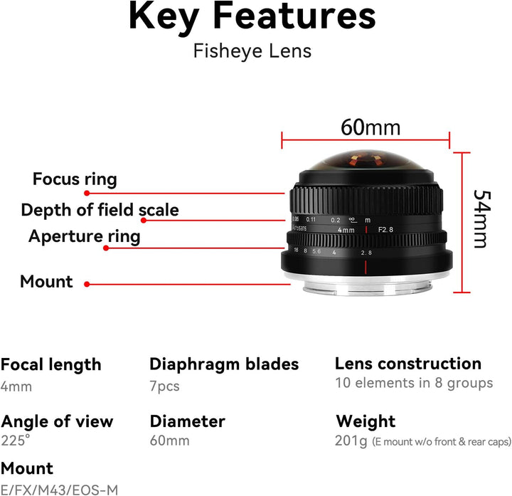 7 Artisans 4mm F2.8 Fisheye Ultra Wide Angle Lens APS-C Handbuch Focus Prime Lens Kompatible M4/3 Mo