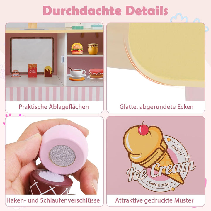 DREAMADE Kinder Eiswagen mit 15 Zubehör, Kaufladen aus Holz mit 2 Rädern & Markise, Eisstand Einkauf