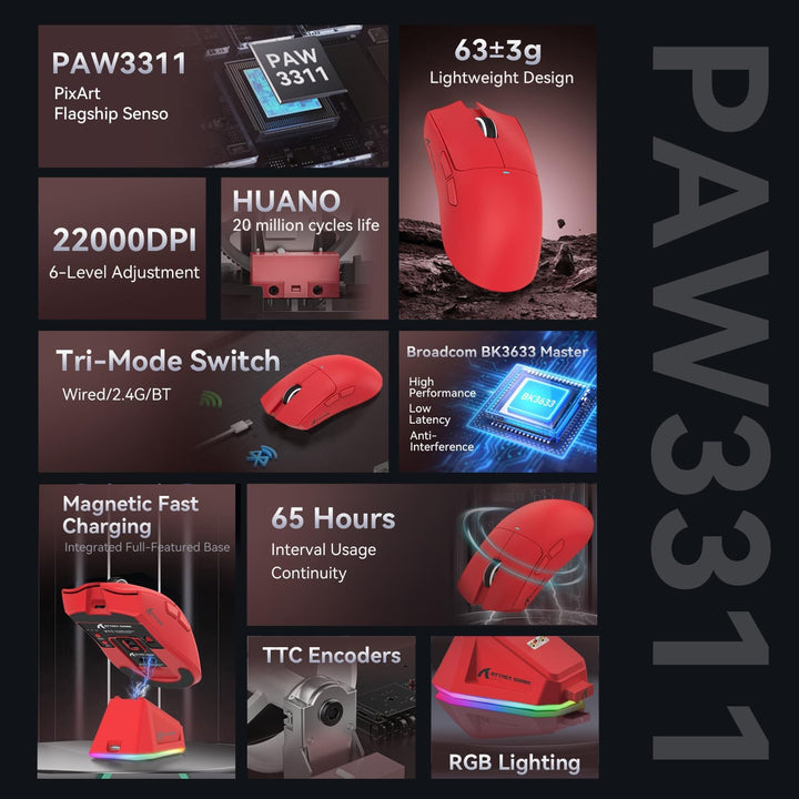 ATTACK SHARK X11 Gaming Mouse mit Magnetic Charging Dock, PixArt PAW3311 Gaming Sensor, BT/2.4G Wire