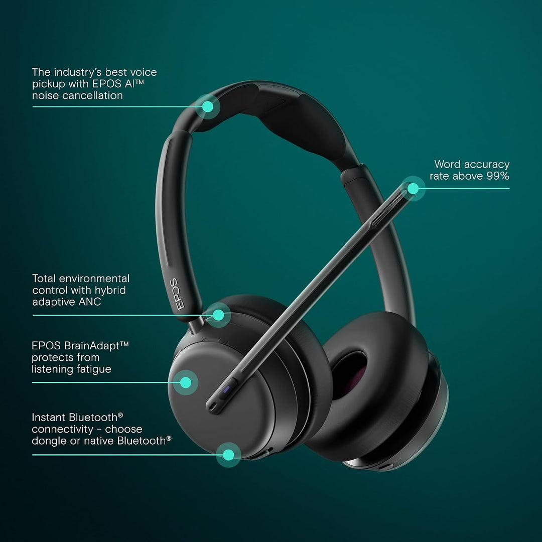 EPOS Impact 1000 MS UC ANC Bluetooth-Headset mit Ladestation und USB-C + USB-A Adapter für PC und Ma