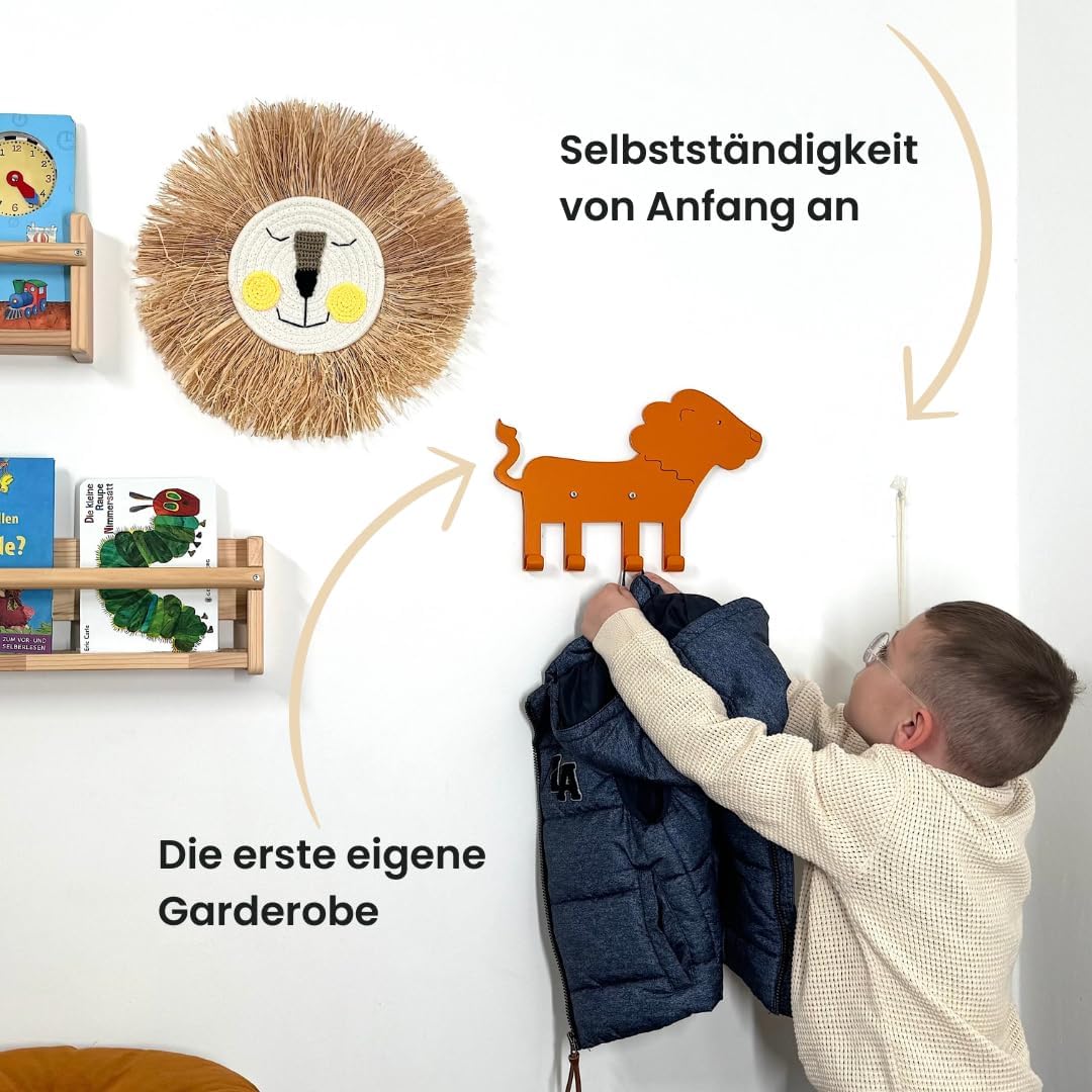 ABIMI Kindergarderobe Löwe aus pulverbeschichtetem Stahl – 4 Haken als Tierbeine – Wandgarderobe für