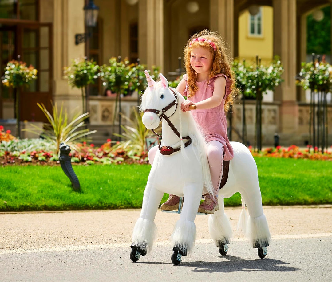 PONNIE Einhorn mit Rollen M (5-12 Jahre), Unicorn zum Reiten mit Abnehmbarer Braun Sattel und Halfte
