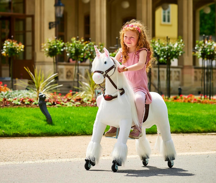 PONNIE Einhorn mit Rollen M (5-12 Jahre), Unicorn zum Reiten mit Abnehmbarer Braun Sattel und Halfte