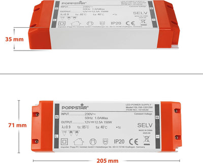 Poppstar LED Trafo Transformator 230V AC / 12V DC 12,5A für 1,5 W bis 150 Watt LEDs 12V DC 12.5A 150