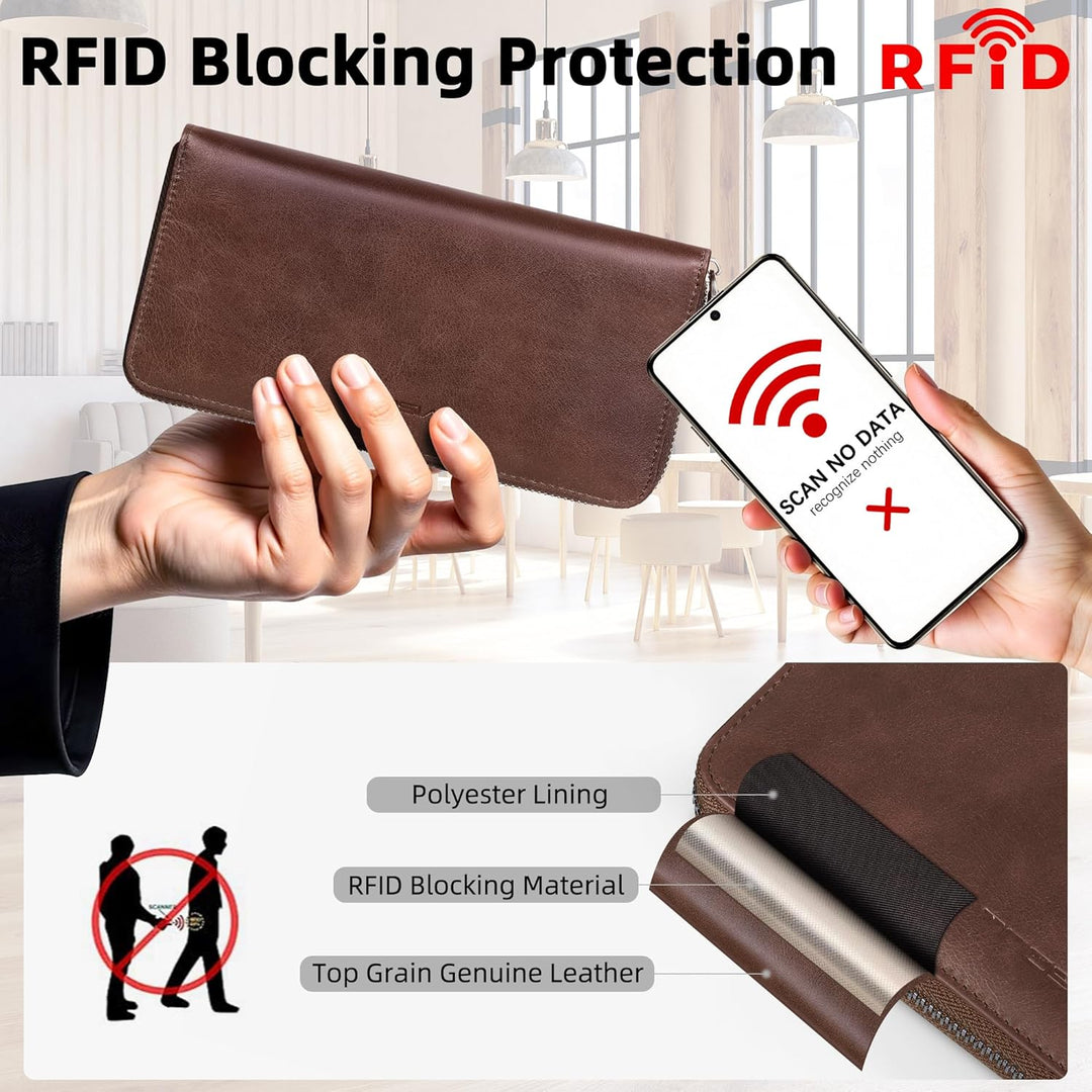 VISOUL Geldbörse aus echtem Leder, lange Geldbörse mit Reissverschluss, für Herren, mit RFID-Blockie