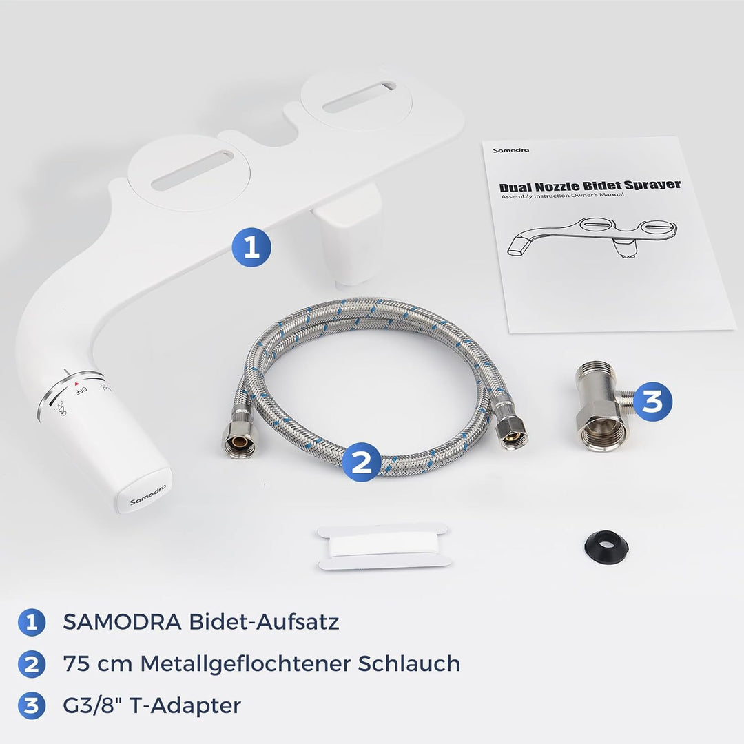 SAMODRA Ultradünnes, minimalistisches Bidet für Toilette mit nicht elektrischer Doppeldüse (Front- u