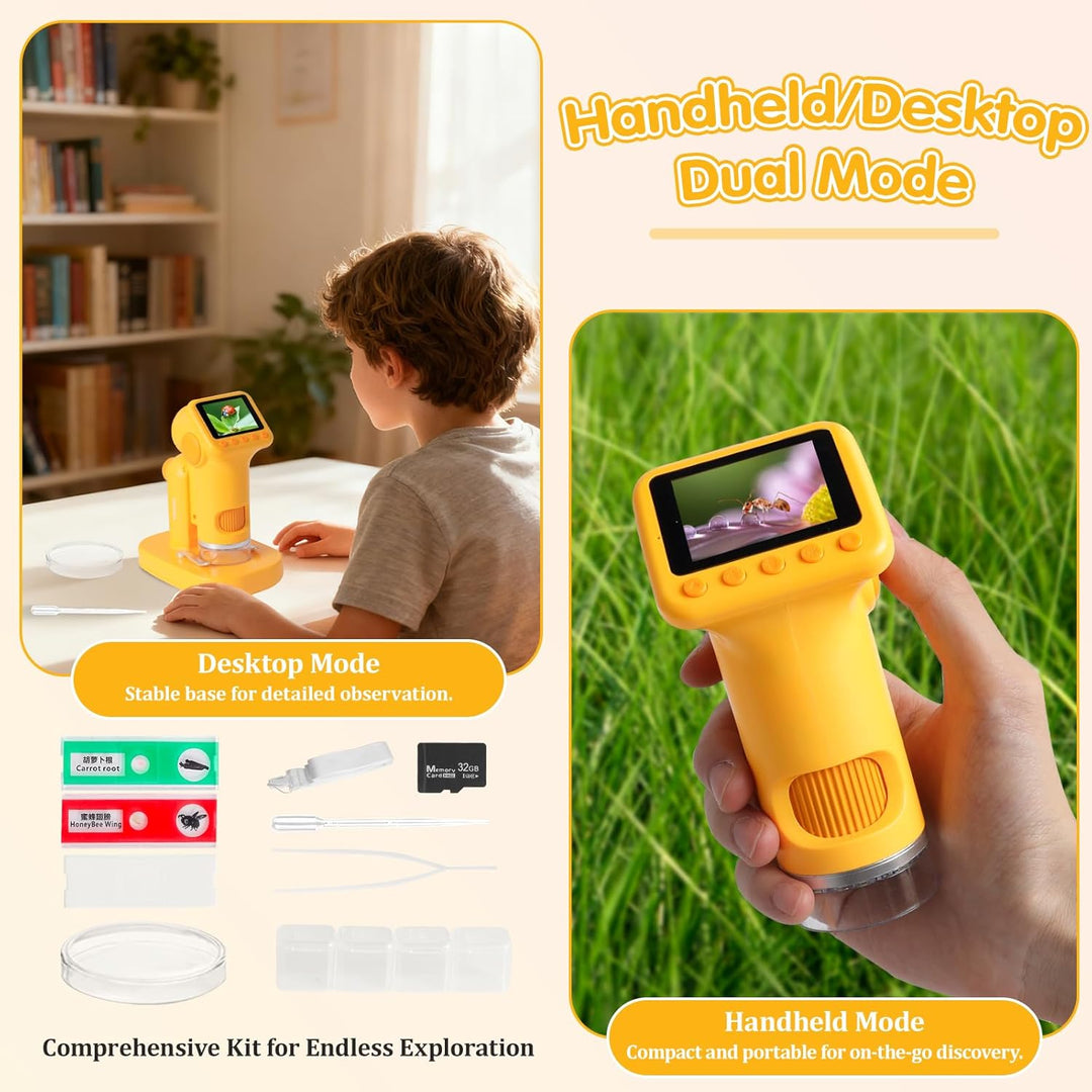 1600X Digitales Mikroskop für Kinder, 2-in-1 Kinder Mikroskop mit 2.0" HD-Bildschirm, inkl. 32GB SD-