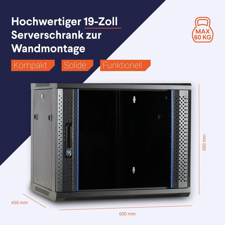 DSIT 9HE Netzwerkschrank (Serverschrank) 19 Zoll Wandmontage - mit Glastür (BxTxH) 600 x 450 x 500mm