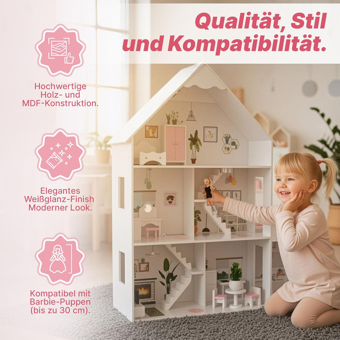 Barbie Puppenhaus Holz gross 118 cm – Kinderplay 3-stöckiges Puppenhaus für Kinder mit Möbeln, LED L