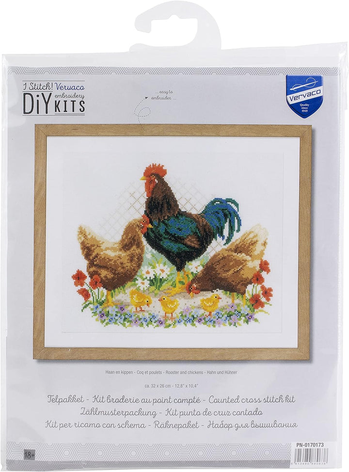 Vervaco PN-0170173 Kreuzstich Set Zählmuster, Baumwolle, Rooster And Chickens (14 Count), OSFA