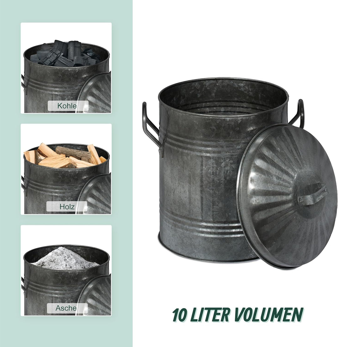 Relaxdays Ascheeimer mit Deckel, Griffen, 10 Liter, verzinktes Eisen, Aschetonne für Kohle & Asche,