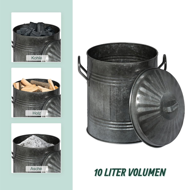 Relaxdays Ascheeimer mit Deckel, Griffen, 10 Liter, verzinktes Eisen, Aschetonne für Kohle & Asche,