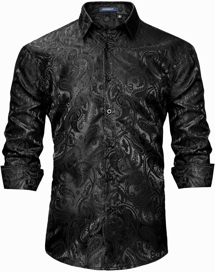 HISDERN Herren Paisley Hemd Langarm Satin Blumen Muster Hemd für Männer Jacquard Stickerei Freizeith