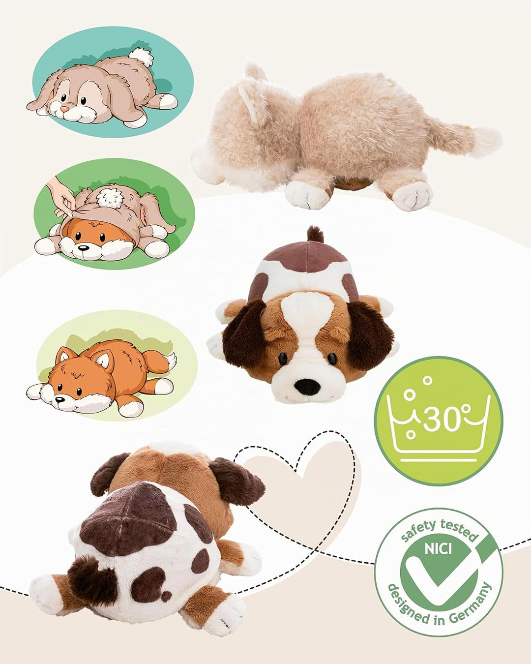 Kuscheltier Katze &amp; Hund 25cm mit Wendefunktion 2in1 - beige - Stofftier aus weichem Plüsch, niedlic