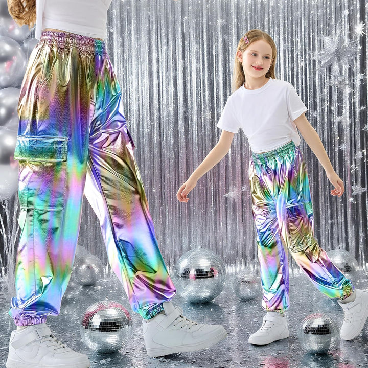 Rolanko Cargo Hosen für Mädchen, Metallische Tanz Hip Hop Hosen für Kinder Mit Elastischem Bund, Ret