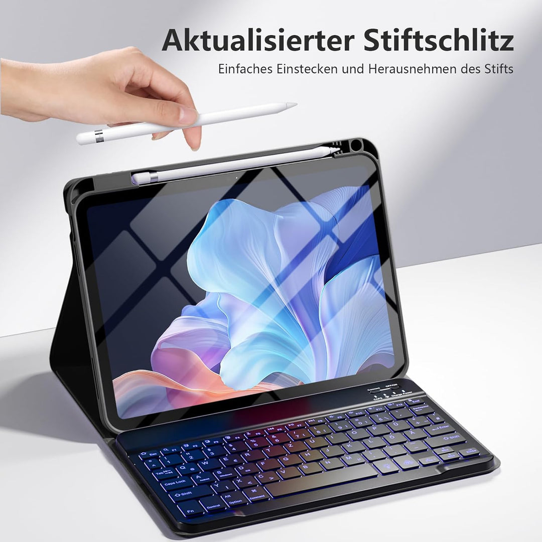 drivego Hülle mit Tastatur für iPad 10 Generation 10.9 Zoll 2022, 7-Farbige Beleuchtete, Magnetische