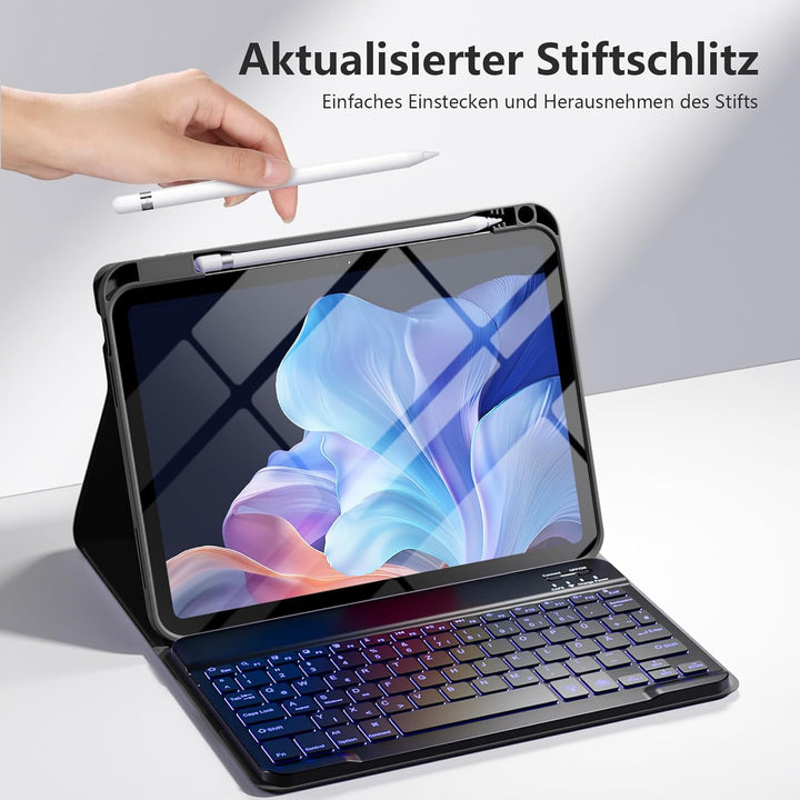drivego Hülle mit Tastatur für iPad 10 Generation 10.9 Zoll 2022, 7-Farbige Beleuchtete, Magnetische