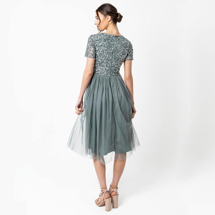 Maya Deluxe Damen Midi-Kleid mit V-Ausschnitt, Verziert Brautjungfernkleid Grün (Misty Green) 40, Gr