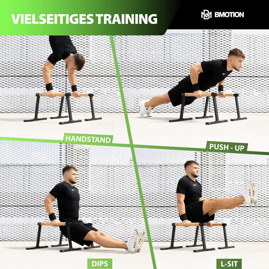 Müller & Blum Parallettes Holz mit Handgelenkbandagen, Calisthenics Bar mit rutschfesten Griffen, Mi