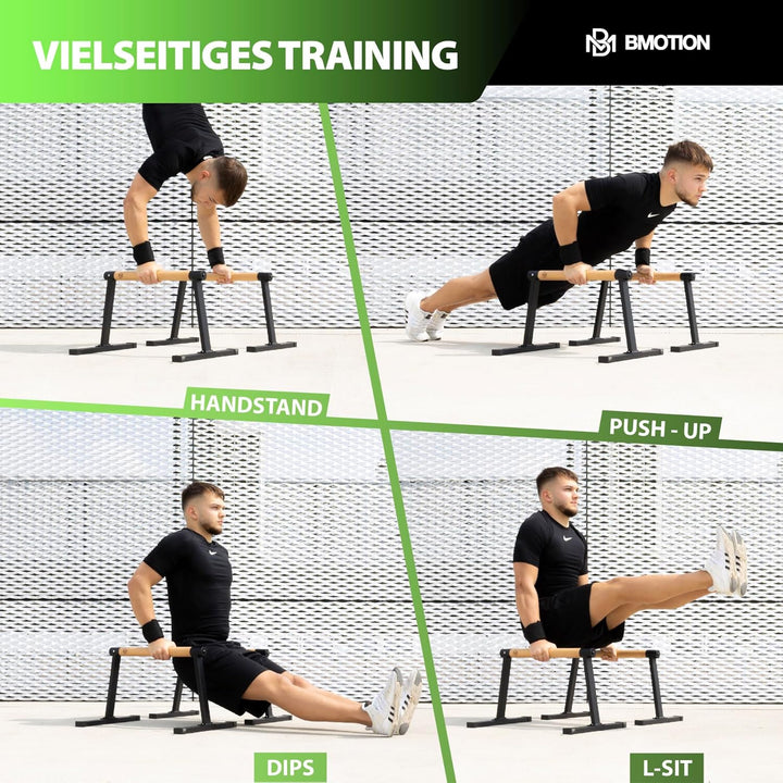 Müller & Blum Parallettes Holz mit Handgelenkbandagen, Calisthenics Bar mit rutschfesten Griffen, Mi
