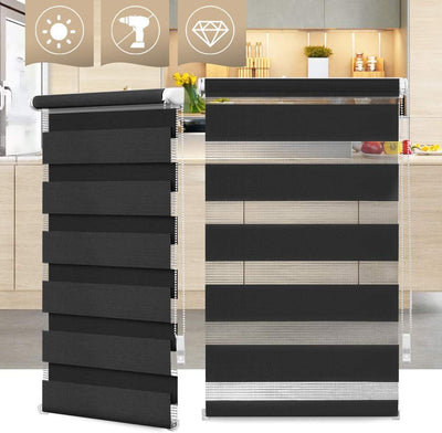 OBdeco Doppelrollo Duo Rollo Klemmfix ohne Bohren B40cm x H130cm(Stoffbreite 36 cm) Schwarz für Fens