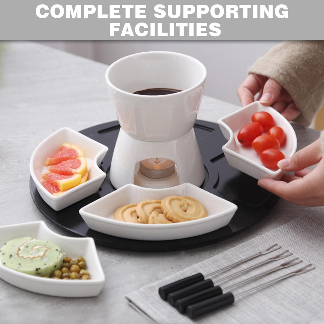 Bocguy Schokofondue Keramik, Schokobrunnen Set mit 4 Gabeln & 4 Keramiktellern & 1 Tablett, schokola