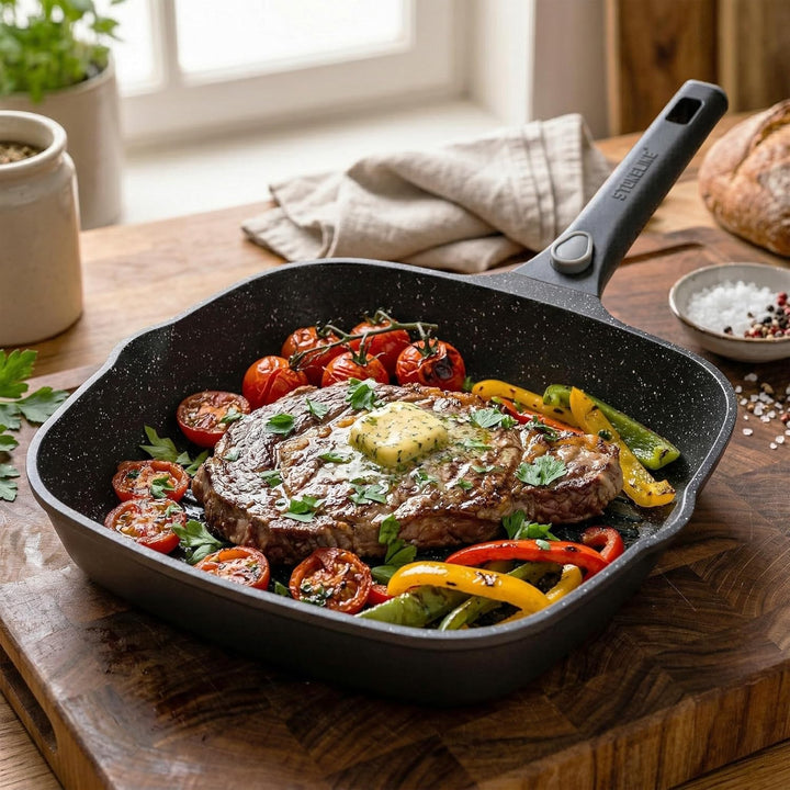 STONELINE SMART Grillpfanne 28 cm, Grosse Steak Pfanne Aluguss, Abnehmbarem Griff, Pfanne Induktion,