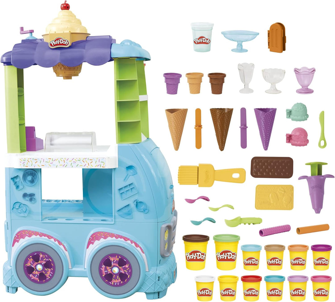 Play-Doh Kitchen Creations Grosser Eiswagen, Spielset mit 27 Accessoires, 12 Dosen und realistischen