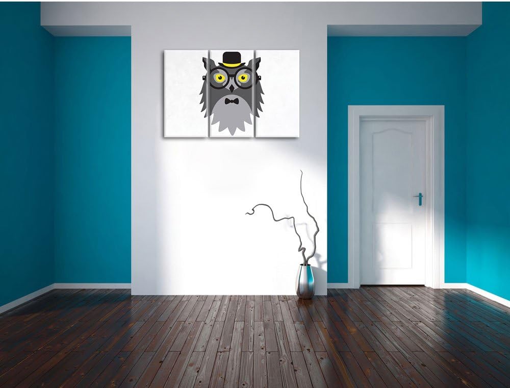 Pixxprint Hipster Eule / 3-Teilig/Gesamtmass 120cm Leinwandbild bespannt auf Holzrahmen/Wandbild Kun