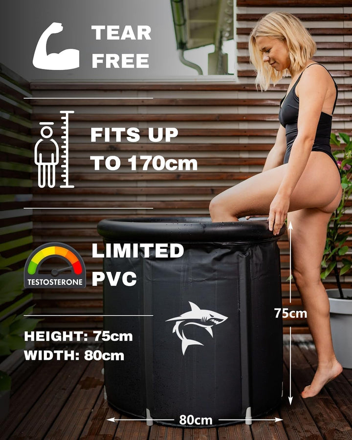 Eisbaden Tonne mit Kühlsystem (80 cm Ø) XL, Eistonne Eisbaden mit 8 Edelstahlstangen, Sporttasche/Hi