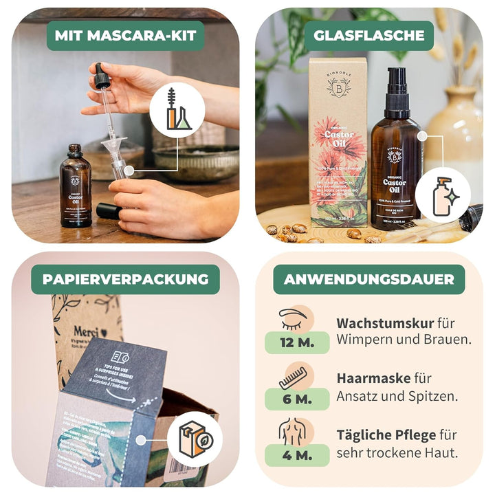 BIONOBLE Rizinusöl Kaltgepresst Bio + Mascara-Kit, 100% Natürlich - Wachstumsfördernd, Repariert - R
