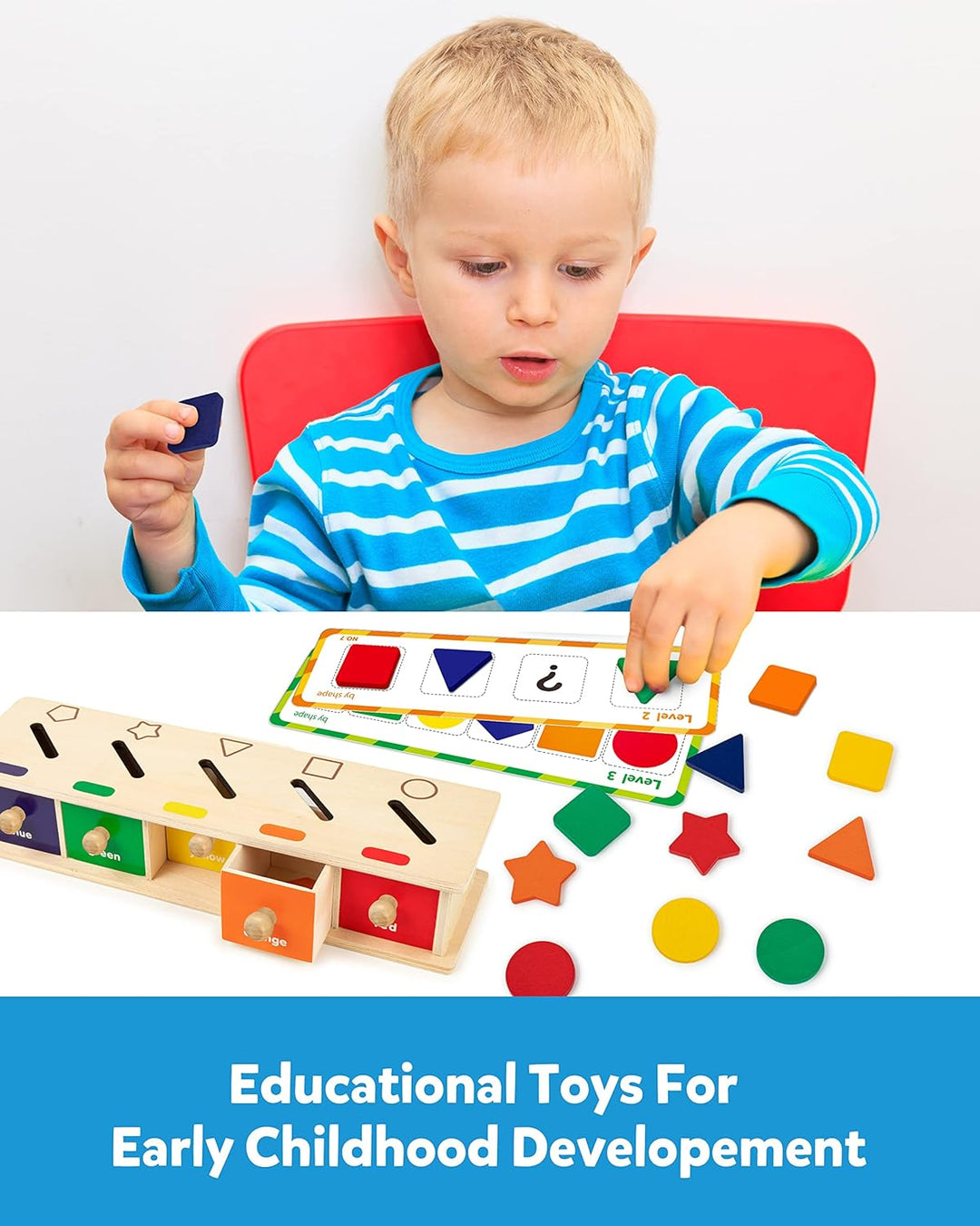 Coogam Montessori Toys Holz-Sortierbox in Farbform, geometrische passende Blöcke, frühes Lernen, päd