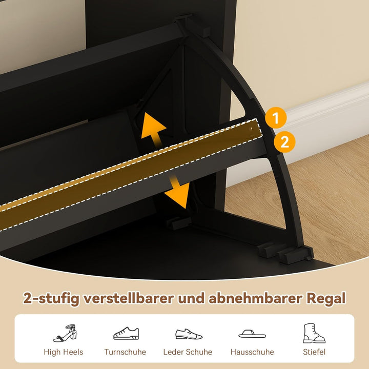 YOURLITE Schuhschrank Schmal, Schuhkipper mit 2 Klappen und 2 Schubladen, Schwarz Schuhregal, Trennw