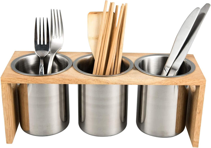 IMEEA Besteckhalter Küchen Utensilienhalter aus SUS304 Edelstahl und Baumholzbasis (3-teilig) 30,5 L