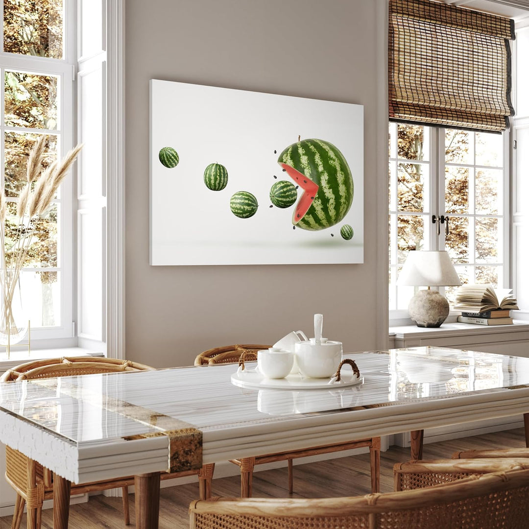 wandmotiv24 Obst & Gemüse als Leinwandbild, 100x75cm, Querformat, Wassermelone, Pacman, Küche, Leben