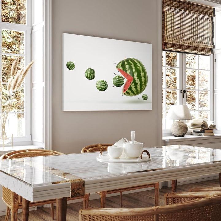 wandmotiv24 Obst & Gemüse als Leinwandbild, 100x75cm, Querformat, Wassermelone, Pacman, Küche, Leben