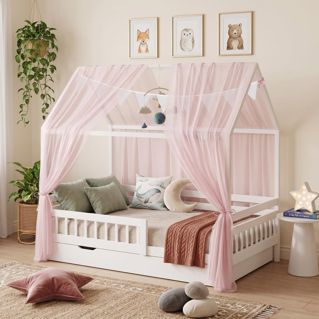 Hausbett Himmel 2er Set – Kinderbett Vorhänge für Hausbett, Montessori Kinderzimmer Deko, Betthimmel