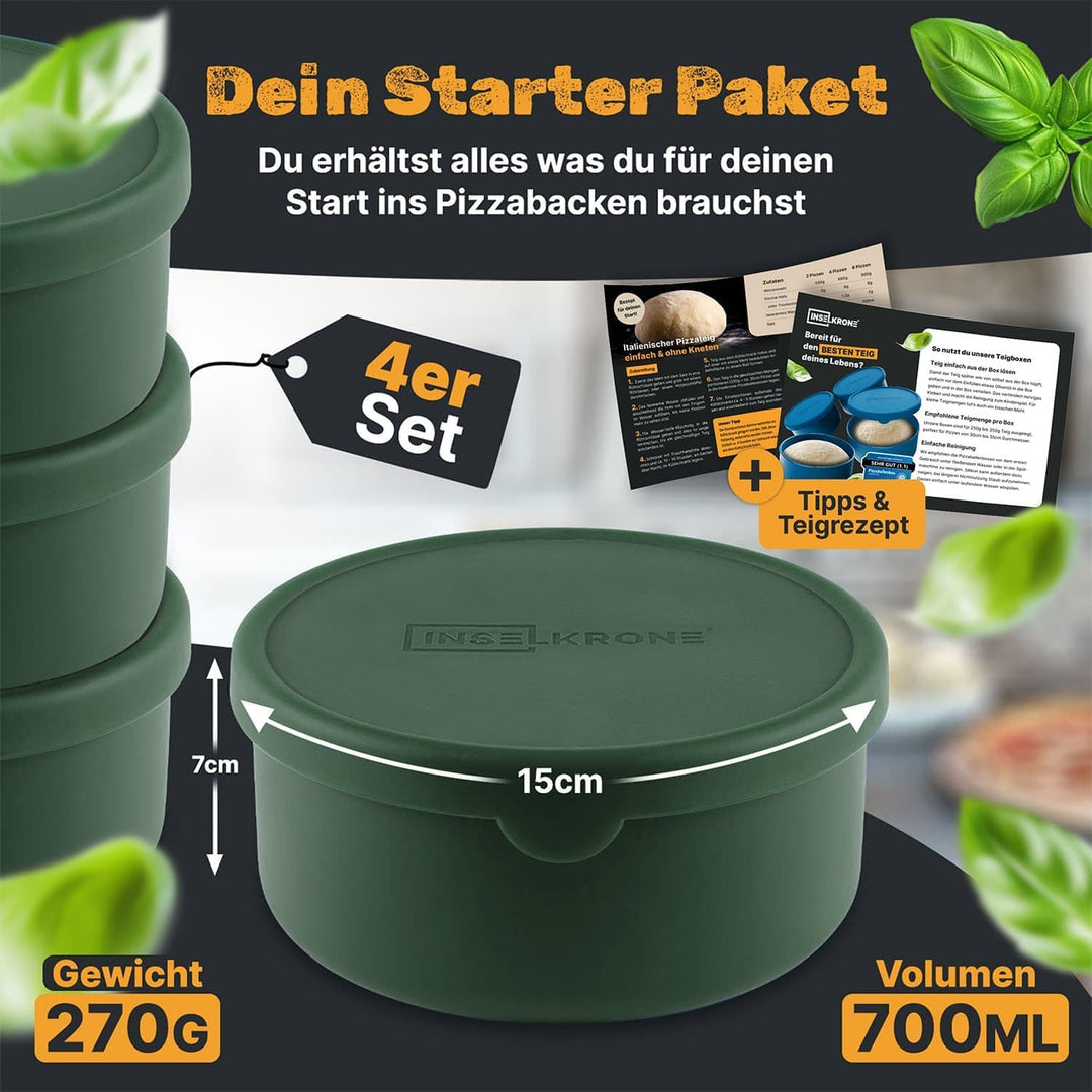 Inselkrone Pizzaballenbox mit Deckel, 4er Set, Grün, Teigbox Grün 4er Set, Grün 4er Set