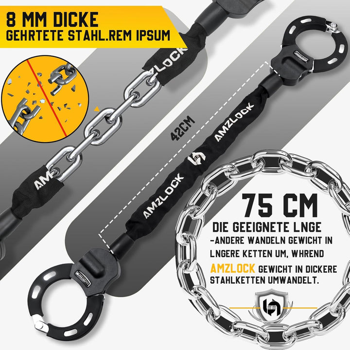 AMZLOCK E Scooter Schloss mit Tasche | 8mm Dicke Kettenschloss | Handschellenschloss für E Scooter |