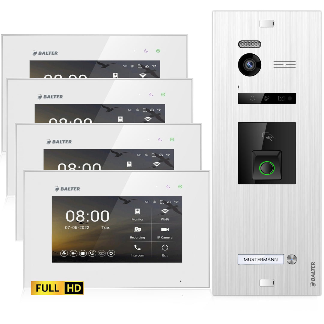 Balter EVO-HD Video Türsprechanlage mit Fingerprint, Video Türklingel, 1 Familienhaus, 4X 7 Zoll Mon