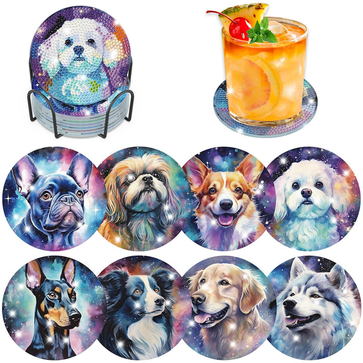 8 STK Diamond Painting Untersetzer Hund mit Halter, Diamond Painting Hund, Diamant Painting Bilder E